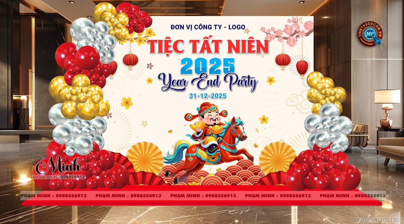 File thiết kế tiệc Tất niên 2025, Year End Party 2025 tone đỏ vàng trang trí bong bóng căng bạt sang trọng cho công ty.