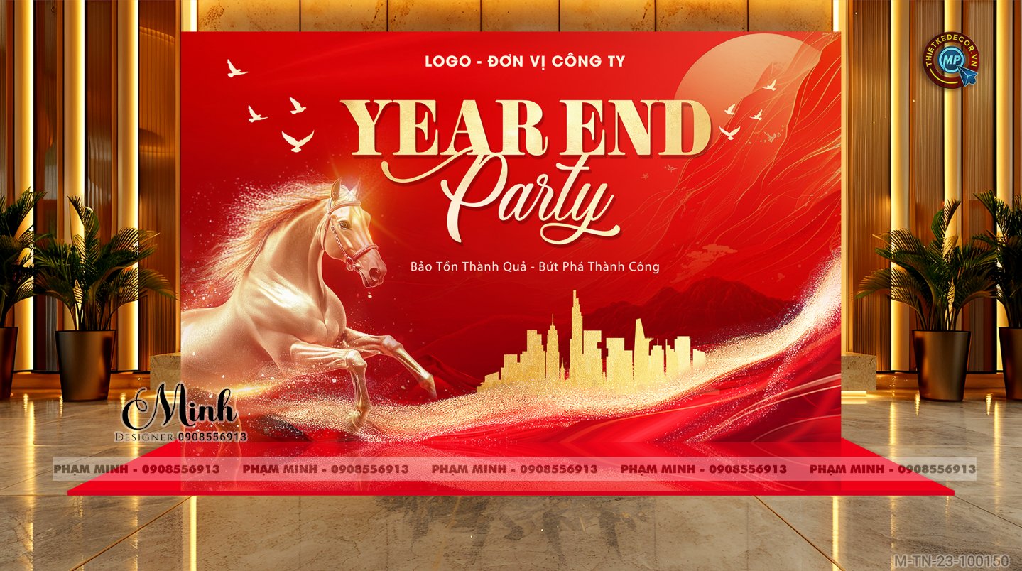 File thiết kế tiệc Tất niên 2025, Year End Party 2025 tone đỏ trang trí bong bóng căng bạt sang trọng cho công ty.