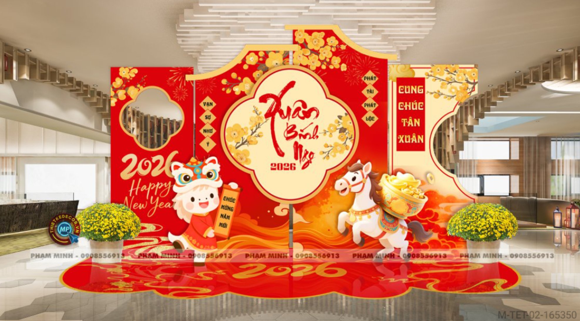 File thiết kế trang trí Tết 2026 Xuân Bính Ngọ decor không gian cho Sảnh chung cư, Nhà hàng, khách sạn, trường học, quán cà phê sang trọng, đẹp mắt.