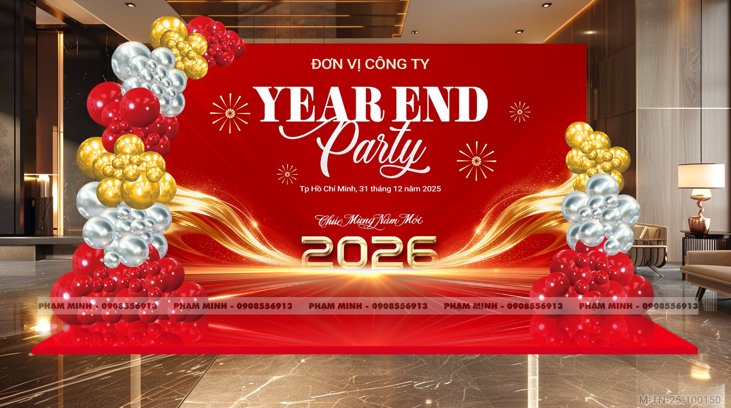 File thiết kế tiệc Tất niên 2025, Year End Party 2025 tone đỏ vàng trang trí bong bóng căng bạt sang trọng cho công ty.