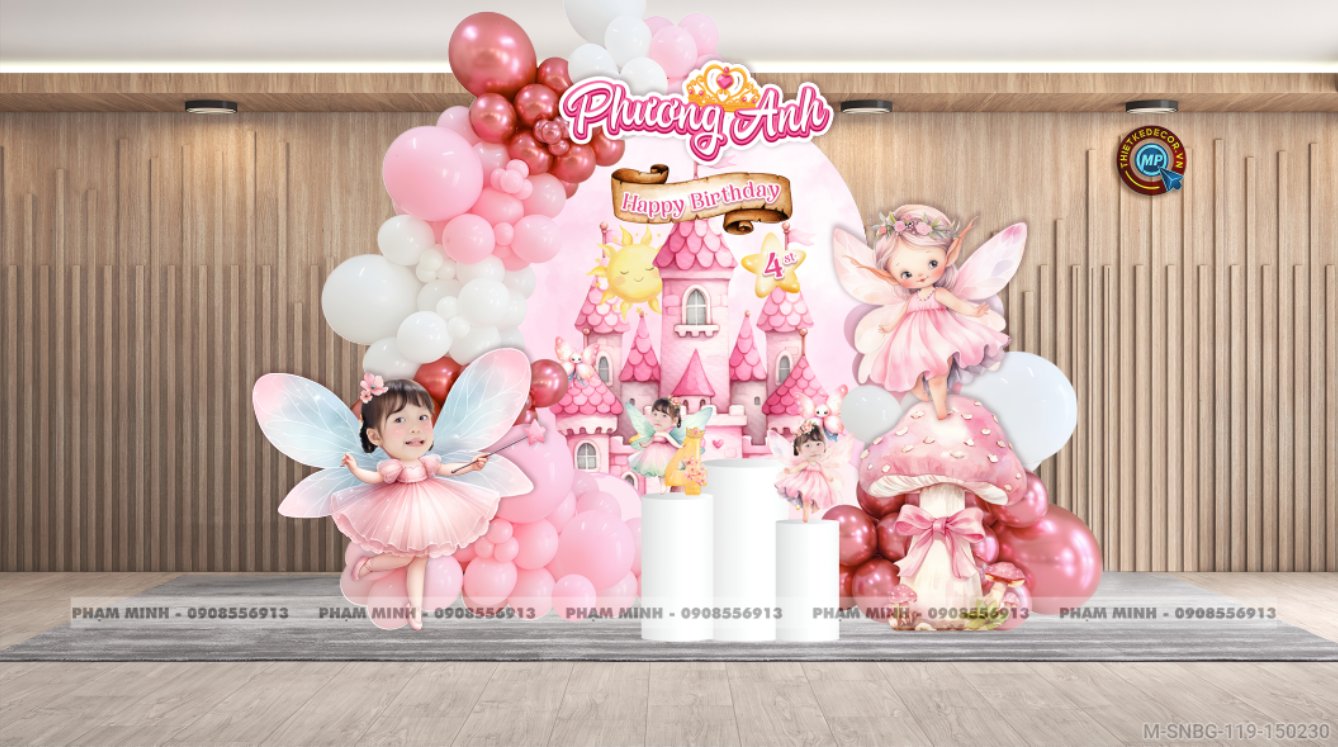 File thiết kế trang trí decor sinh nhật bé gái chủ đề công chúa lâu đài tone hồng cute đáng yêu dễ thương