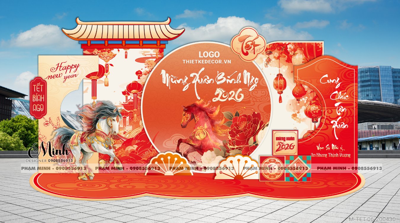 File thiết kế trang trí Tết 2026 Xuân Bính Ngọ decor không gian cho Sảnh chung cư, Nhà hàng, khách sạn, trường học, quán cà phê sang trọng, đẹp mắt.