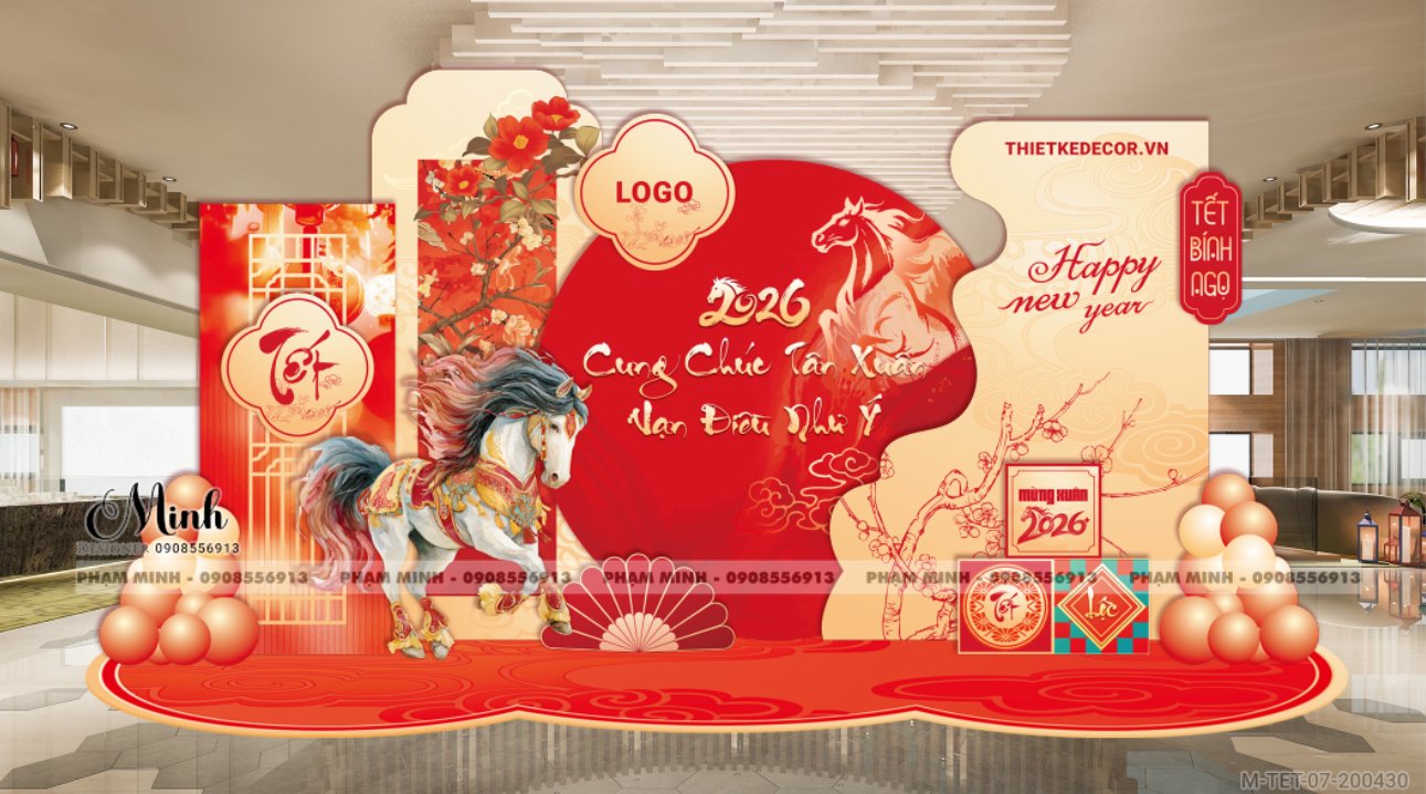 File thiết kế trang trí Tết 2026 Xuân Bính Ngọ decor không gian cho Sảnh chung cư, Nhà hàng, khách sạn, trường học, quán cà phê sang trọng, đẹp mắt.