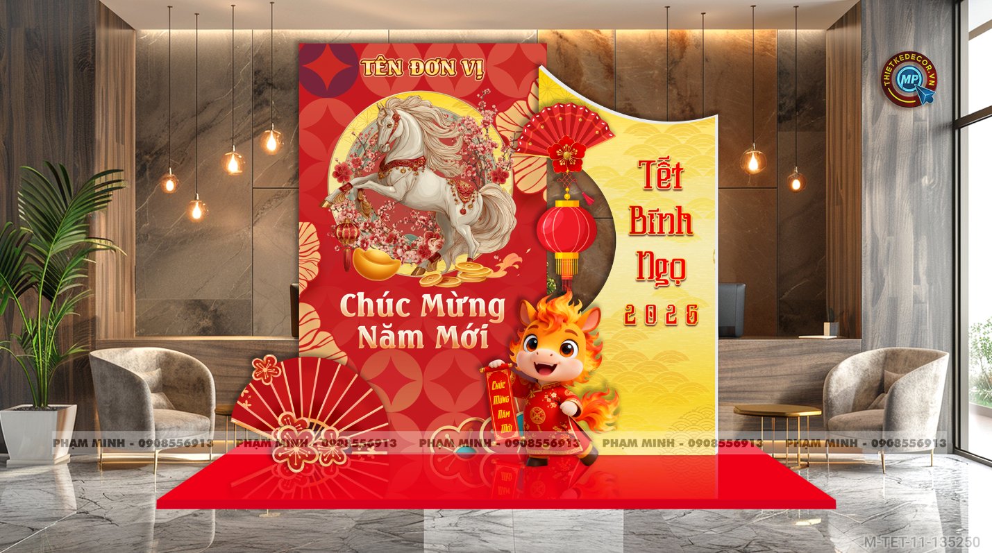 File thiết kế trang trí Tết 2026 Xuân Bính Ngọ decor không gian cho Sảnh chung cư, Nhà hàng, khách sạn, trường học, quán cà phê sang trọng, đẹp mắt.