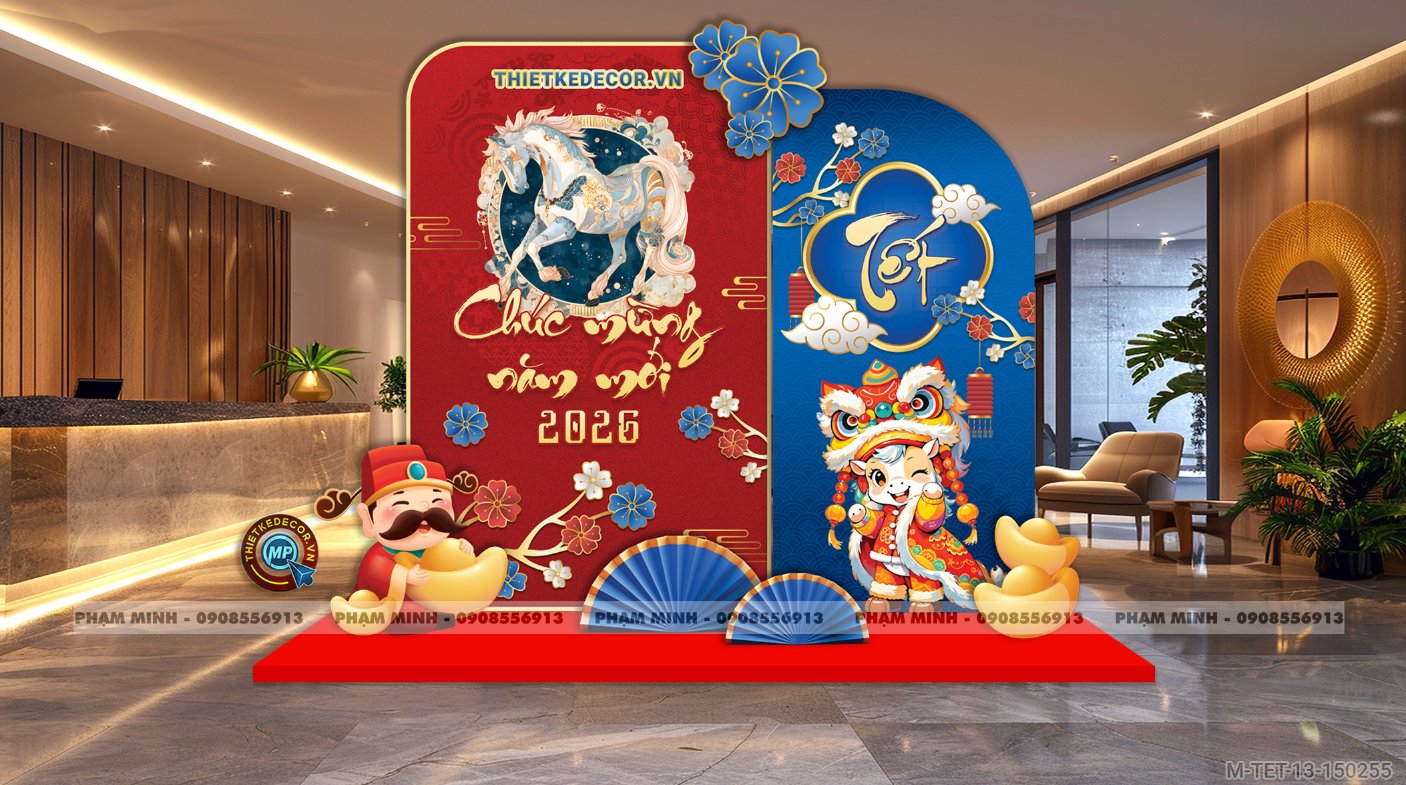 File thiết kế trang trí Tết 2026 Xuân Bính Ngọ decor không gian cho Sảnh chung cư, Nhà hàng, khách sạn, trường học, quán cà phê sang trọng, đẹp mắt.