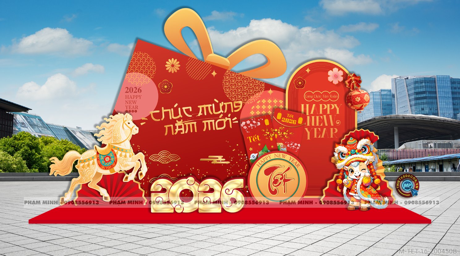 File thiết kế trang trí Tết 2026 Xuân Bính Ngọ decor không gian cho Sảnh chung cư, Nhà hàng, khách sạn, trường học, quán cà phê sang trọng, đẹp mắt.