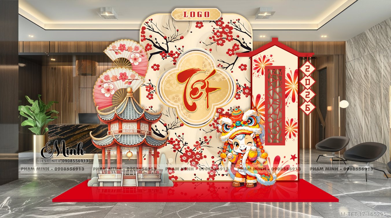 File thiết kế trang trí Tết 2026 Xuân Bính Ngọ decor không gian cho Sảnh chung cư, Nhà hàng, khách sạn, trường học, quán cà phê sang trọng, đẹp mắt.