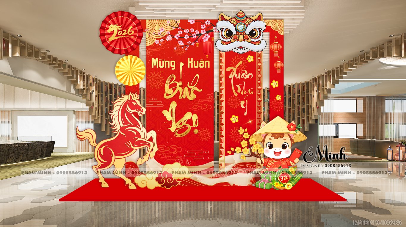 File thiết kế trang trí Tết 2026 Xuân Bính Ngọ decor không gian cho Sảnh chung cư, Nhà hàng, khách sạn, trường học, quán cà phê sang trọng, đẹp mắt.