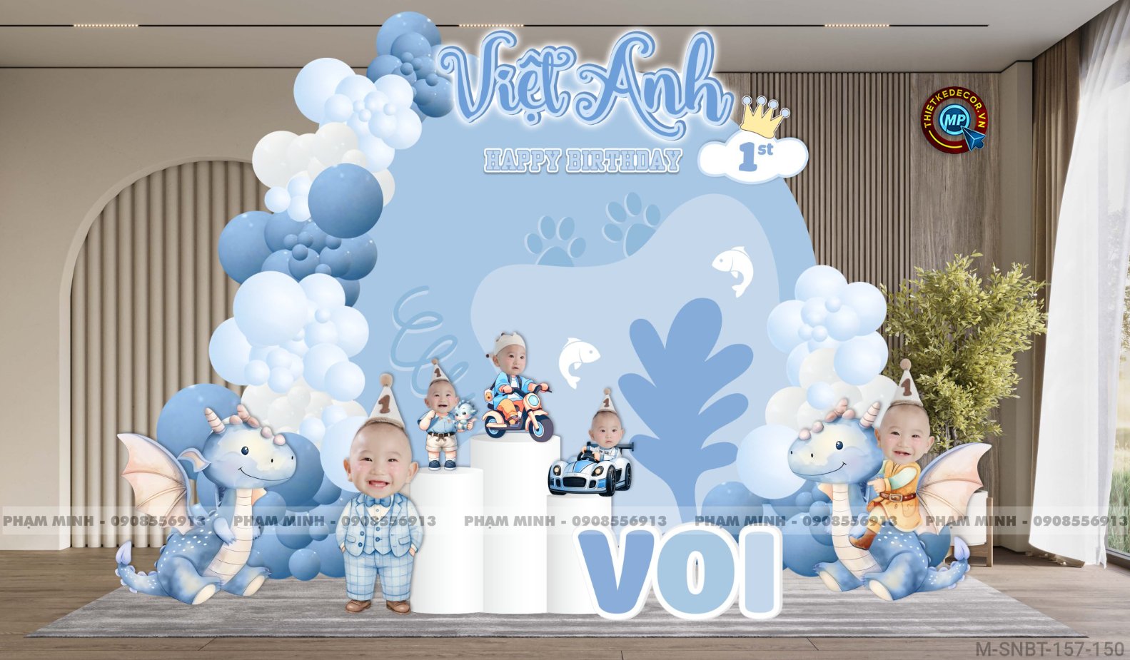 File thiết kế decor trang trí sinh nhật bé trai 1 tuổi con rồng tone xanh da trời blue cute dễ thương.