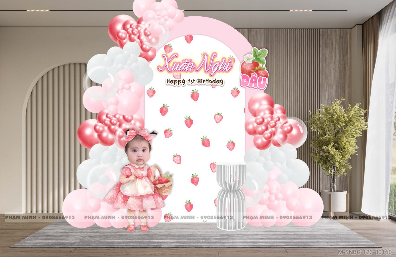 File thiết kế trang trí decor sinh nhật bé gái tone hồng chủ đề trái dâu cute dễ thương đáng yêu