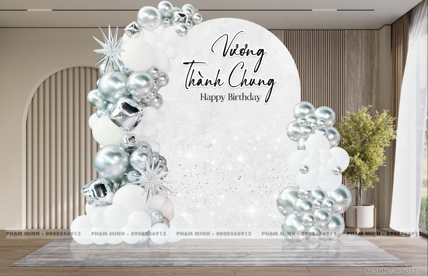 File thiết kế trang trí decor sinh nhật người lớn chồng, vợ, sếp tone trắng bạc sang trọng