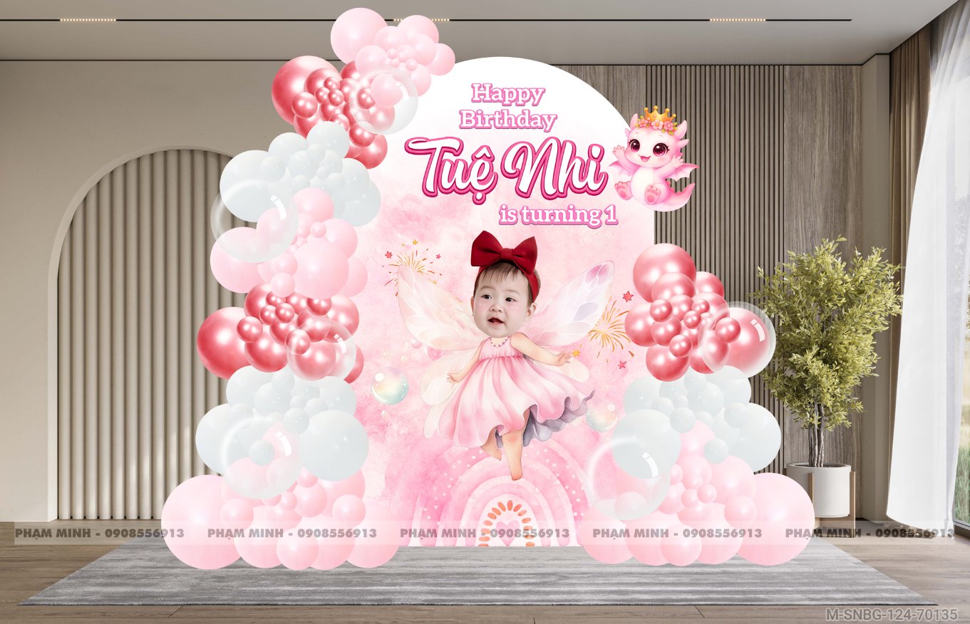 File thiết kế decor trang trí sinh nhật bé gái 1 tuổi chủ đề rồng dễ thương tone hồng cute đáng yêu.