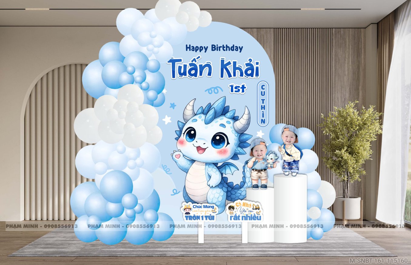 File thiết kế decor trang trí sinh nhật bé trai 1 tuổi con rồng tone xanh da trời blue cute dễ thương.
