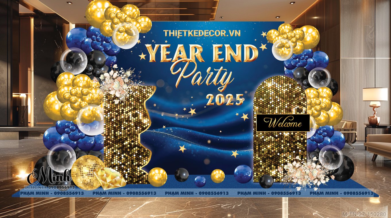 File thiết kế tiệc Tất niên 2025, Year End Party 2025 tone xanh luxury trang trí bong bóng căng bạt sang trọng cho công ty.