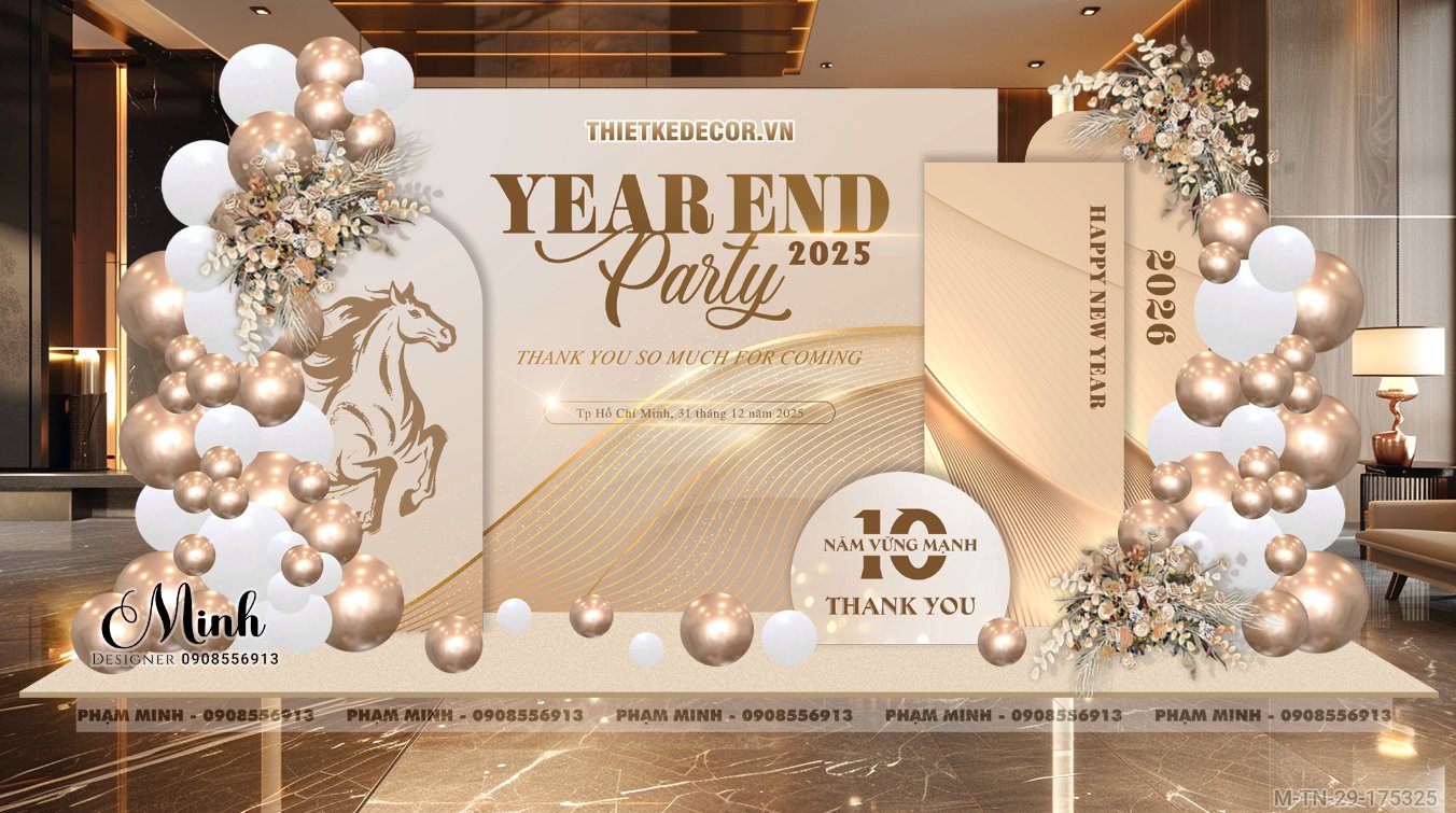 File thiết kế tiệc Tất niên 2025, Year End Party 2025 tone xanh luxury trang trí bong bóng căng bạt sang trọng cho công ty.