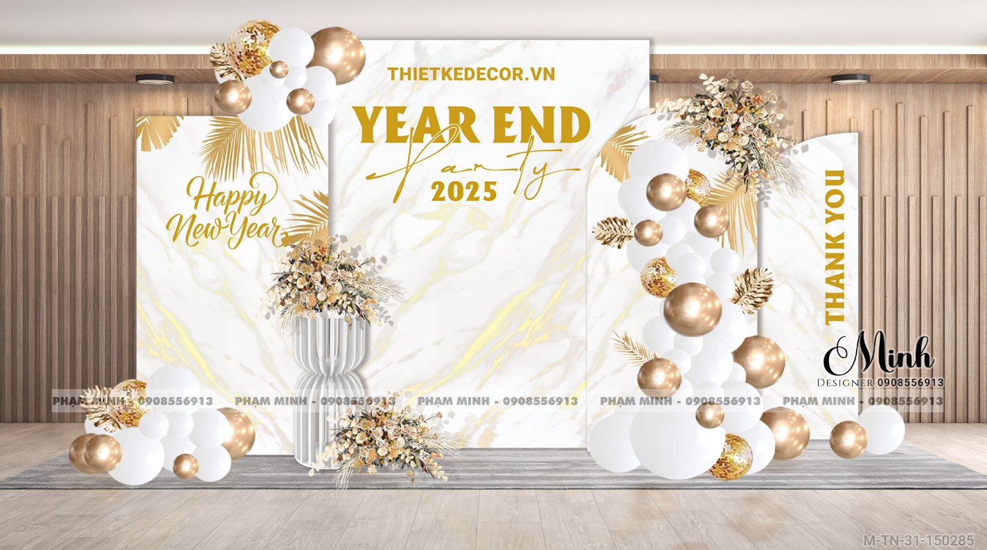 File thiết kế tiệc Tất niên 2025, Year End Party 2025 tone trắng vàng đồng trang trí bong bóng căng bạt sang trọng cho công ty.