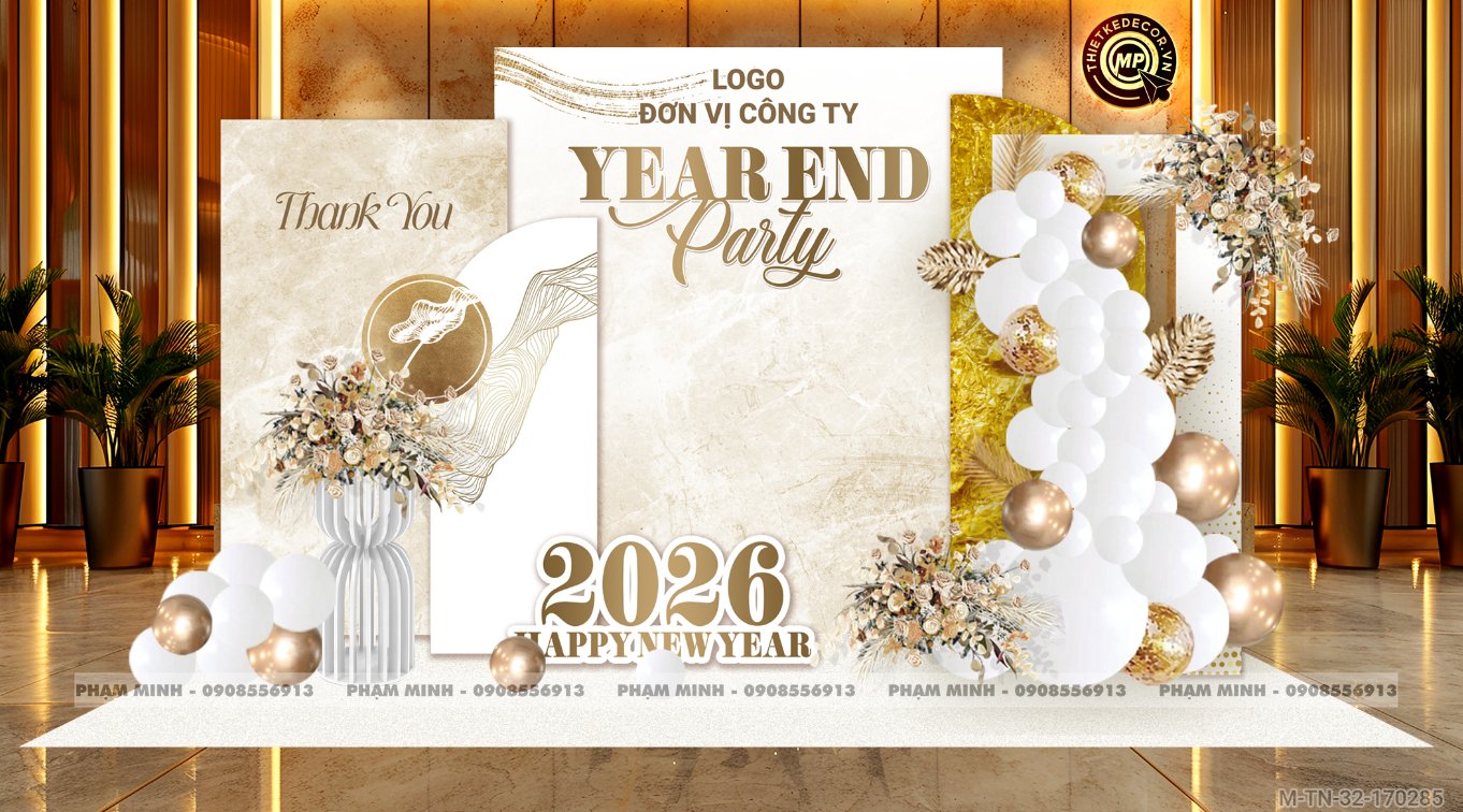 File thiết kế tiệc Tất niên 2025, Year End Party 2025 tone trắng vàng đồng trang trí bong bóng căng bạt sang trọng cho công ty.
