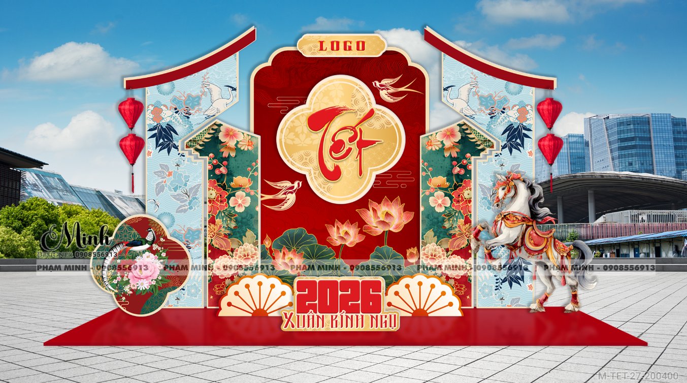 File thiết kế trang trí Tết 2026 Xuân Bính Ngọ decor không gian cho Sảnh chung cư, Nhà hàng, khách sạn, trường học, quán cà phê sang trọng, đẹp mắt.
