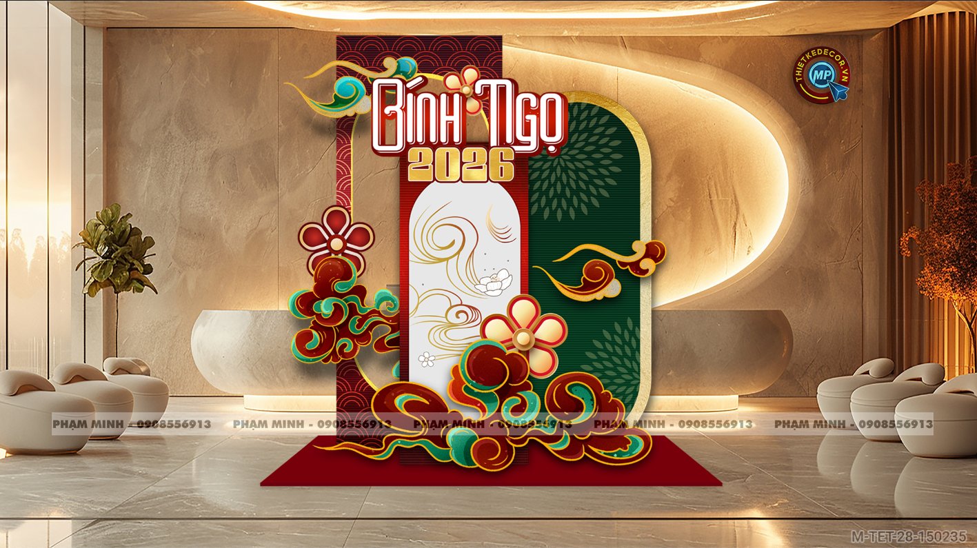 File thiết kế trang trí Tết 2026 Xuân Bính Ngọ decor không gian cho Sảnh chung cư, Nhà hàng, khách sạn, trường học, quán cà phê sang trọng, đẹp mắt.