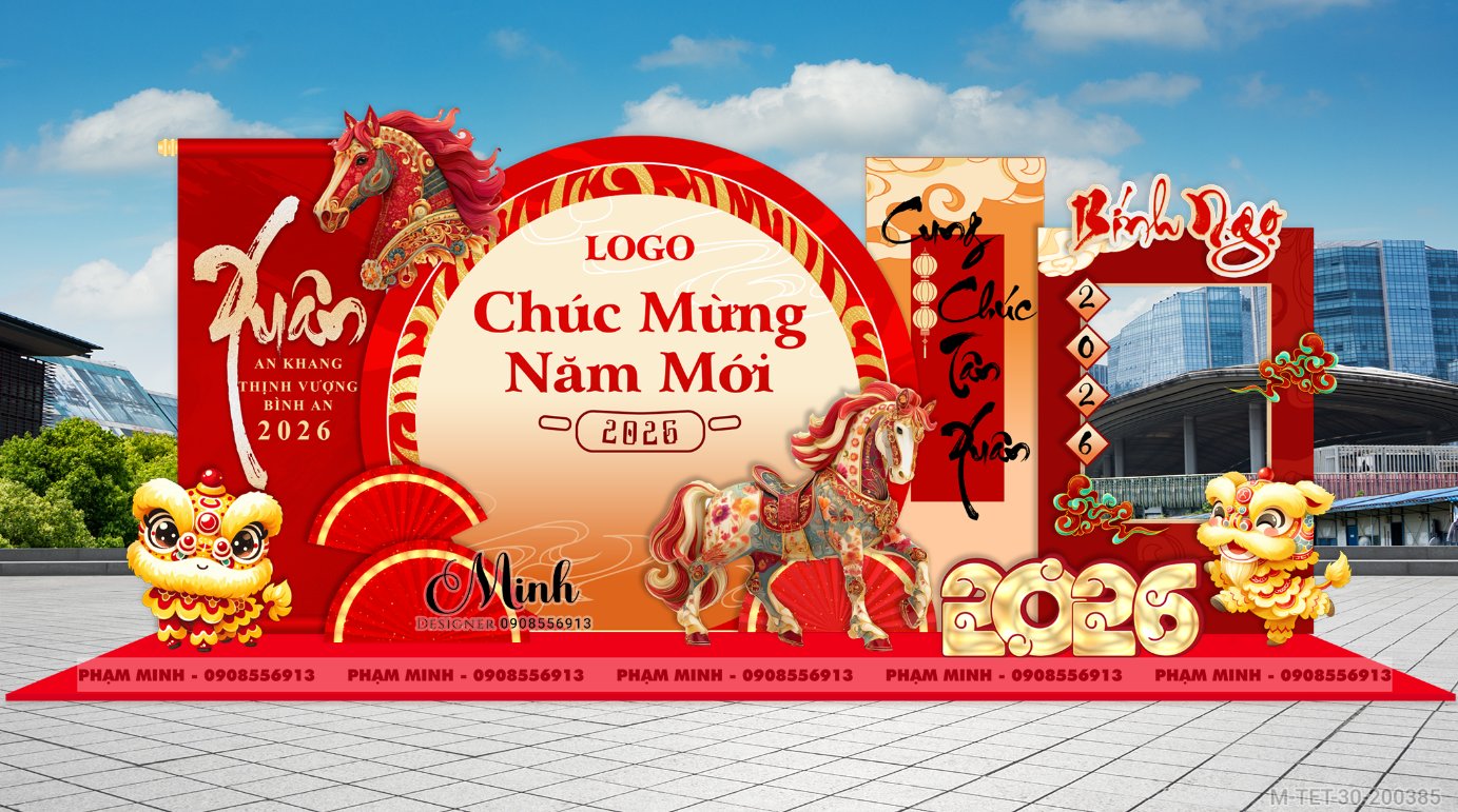 File thiết kế trang trí Tết 2026 Xuân Bính Ngọ decor không gian cho Sảnh chung cư, Nhà hàng, khách sạn, trường học, quán cà phê sang trọng, đẹp mắt.