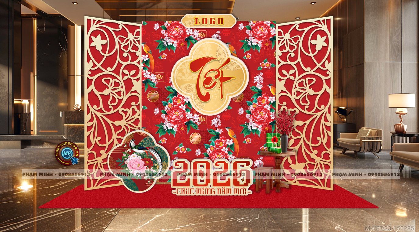 File thiết kế trang trí Tết 2026 Xuân Bính Ngọ decor tiểu cảnh không gian chụp ảnh checkin cho Sảnh chung cư, Nhà hàng, khách sạn, trường học, quán cà phê sang trọng, đẹp mắt.