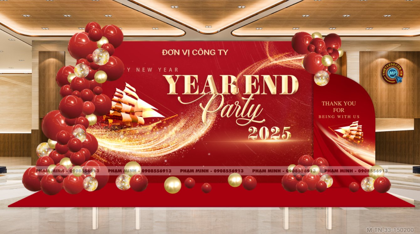 File thiết kế tiệc Tất niên 2025, Year End Party 2025 tone đỏ luxury trang trí bong bóng căng bạt sang trọng cho công ty.