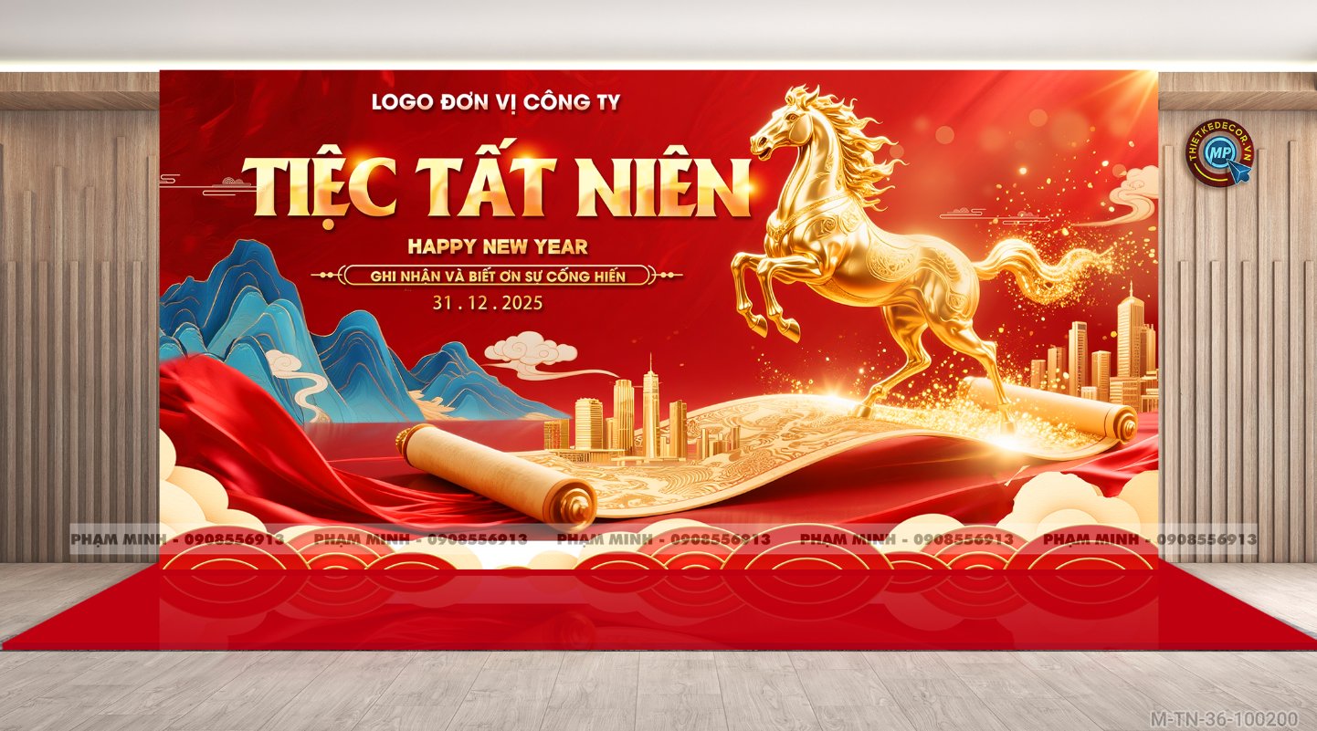 File thiết kế tiệc Tất niên 2025, Year End Party 2025 tone đỏ vàng trang trí bong bóng căng bạt sang trọng cho công ty.