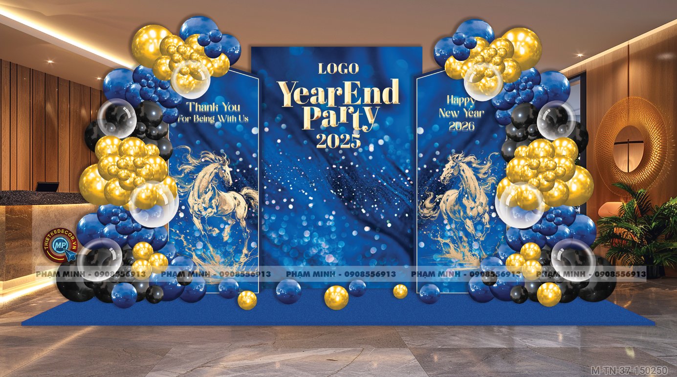 File thiết kế tiệc Tất niên 2025, Year End Party 2025 tone xanh luxury trang trí bong bóng căng bạt sang trọng cho công ty.