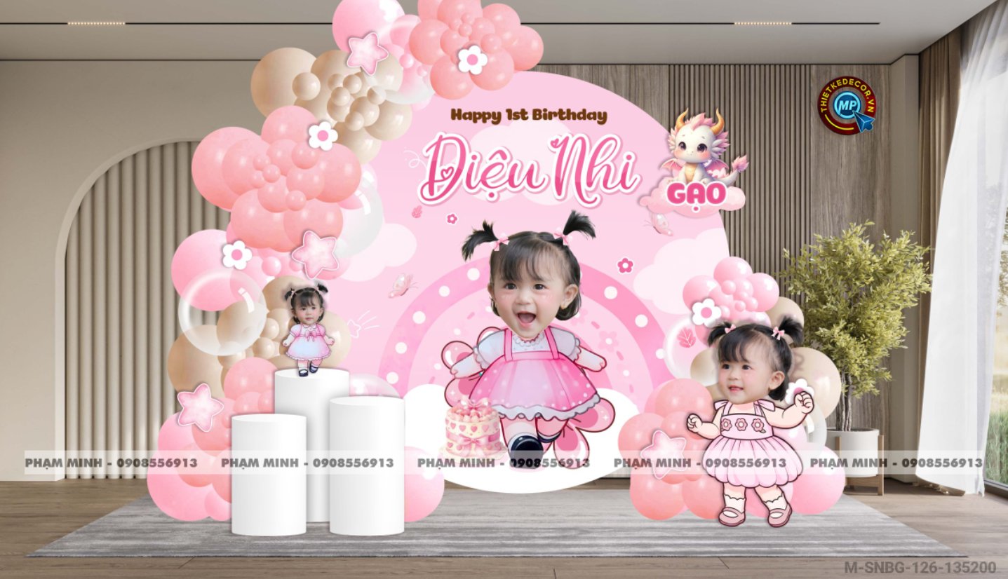 File thiết kế sinh nhật bé gái 1 tuổi chủ đề rồng và nơ tone hồng cute đáng yêu
