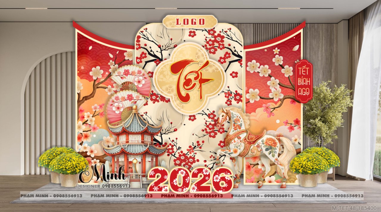 File thiết kế trang trí Tết 2026 Xuân Bính Ngọ decor tiểu cảnh không gian chụp ảnh checkin cho Sảnh chung cư, Nhà hàng, khách sạn, trường học, quán cà phê sang trọng, đẹp mắt.