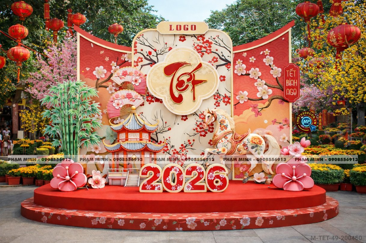 File thiết kế trang trí Tết 2026 Xuân Bính Ngọ decor tiểu cảnh không gian chụp ảnh checkin cho Sảnh chung cư, Nhà hàng, khách sạn, trường học, quán cà phê sang trọng, đẹp mắt.