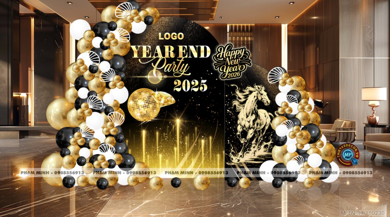 File thiết kế tiệc Tất niên 2025, Year End Party 2025 tone đen luxury trang trí bong bóng căng bạt sang trọng cho công ty.