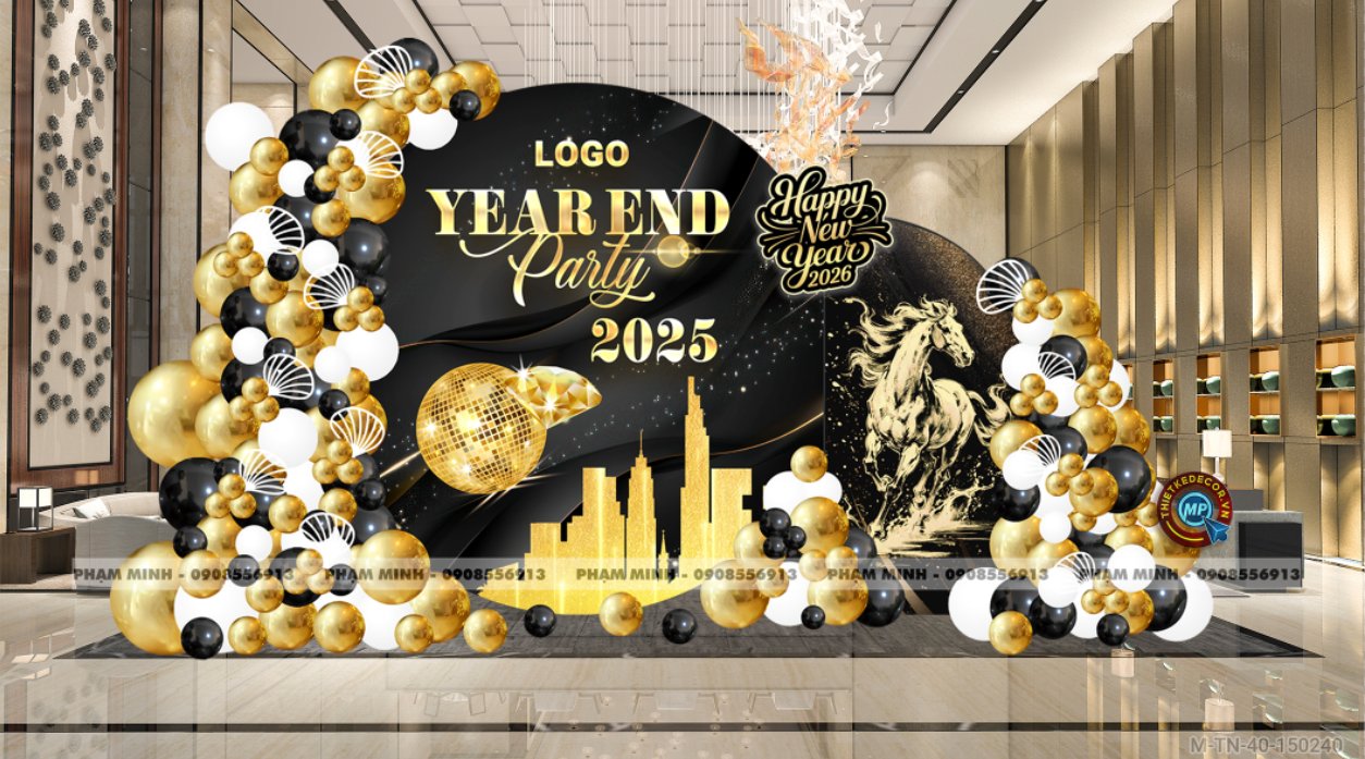 File thiết kế tiệc Tất niên 2025, Year End Party 2025 tone đen luxury trang trí bong bóng căng bạt sang trọng cho công ty.