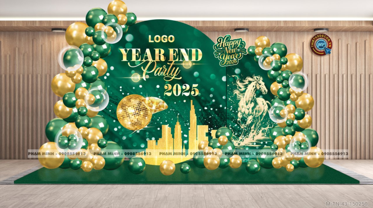 File thiết kế tiệc Tất niên 2025, Year End Party 2025 tone xanh lá luxury trang trí bong bóng căng bạt sang trọng cho công ty.