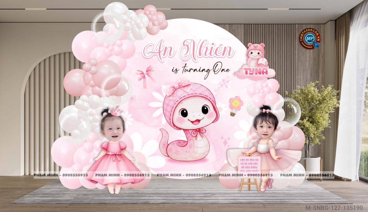 File thiết kế sinh nhật bé gái 1 tuổi rắn tỵ tone hồng decor trang trí bong bóng đáng yêu dễ thương sang trọng