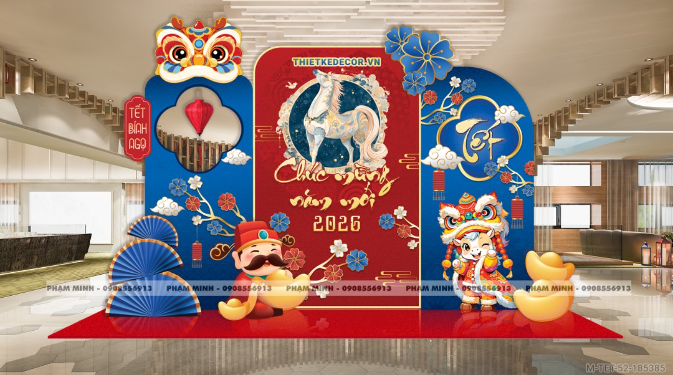 File thiết kế trang trí Tết 2026 Xuân Bính Ngọ decor tiểu cảnh không gian chụp ảnh checkin cho Sảnh chung cư, Nhà hàng, khách sạn, trường học, quán cà phê sang trọng, đẹp mắt.