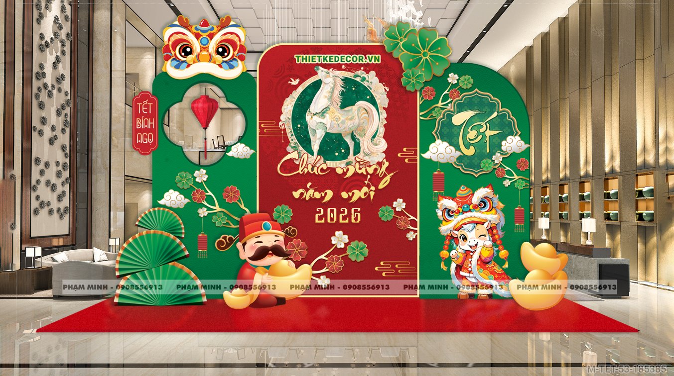 File thiết kế trang trí Tết 2026 Xuân Bính Ngọ decor tiểu cảnh không gian chụp ảnh checkin cho Sảnh chung cư, Nhà hàng, khách sạn, trường học, quán cà phê sang trọng, đẹp mắt.