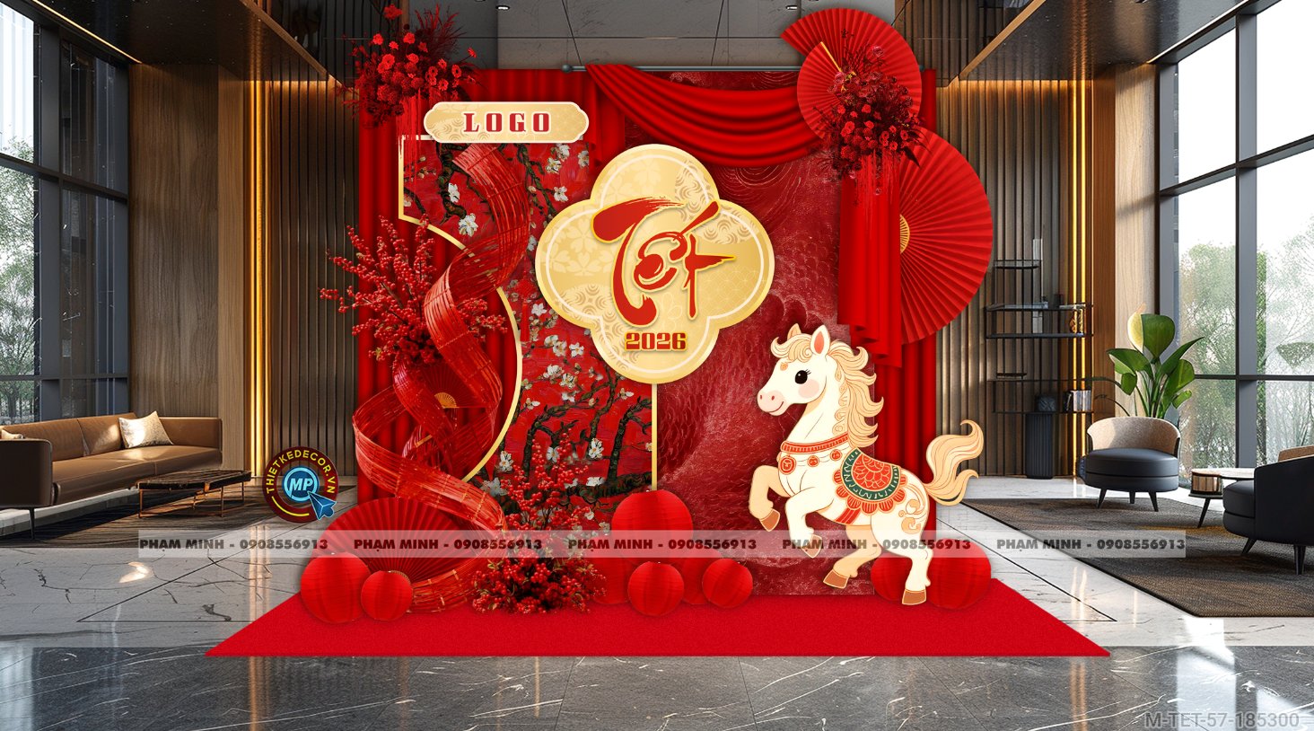 File thiết kế trang trí Tết 2026 Xuân Bính Ngọ decor tiểu cảnh không gian chụp ảnh checkin cho Sảnh chung cư, Nhà hàng, khách sạn, trường học, quán cà phê sang trọng, đẹp mắt.