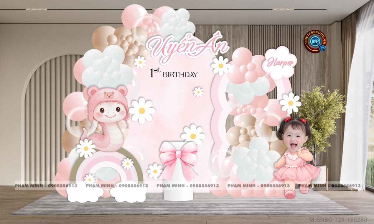 File thiết kế sinh nhật bé gái 1 tuổi rắn tỵ tone hồng decor trang trí bong bóng đáng yêu dễ thương sang trọng