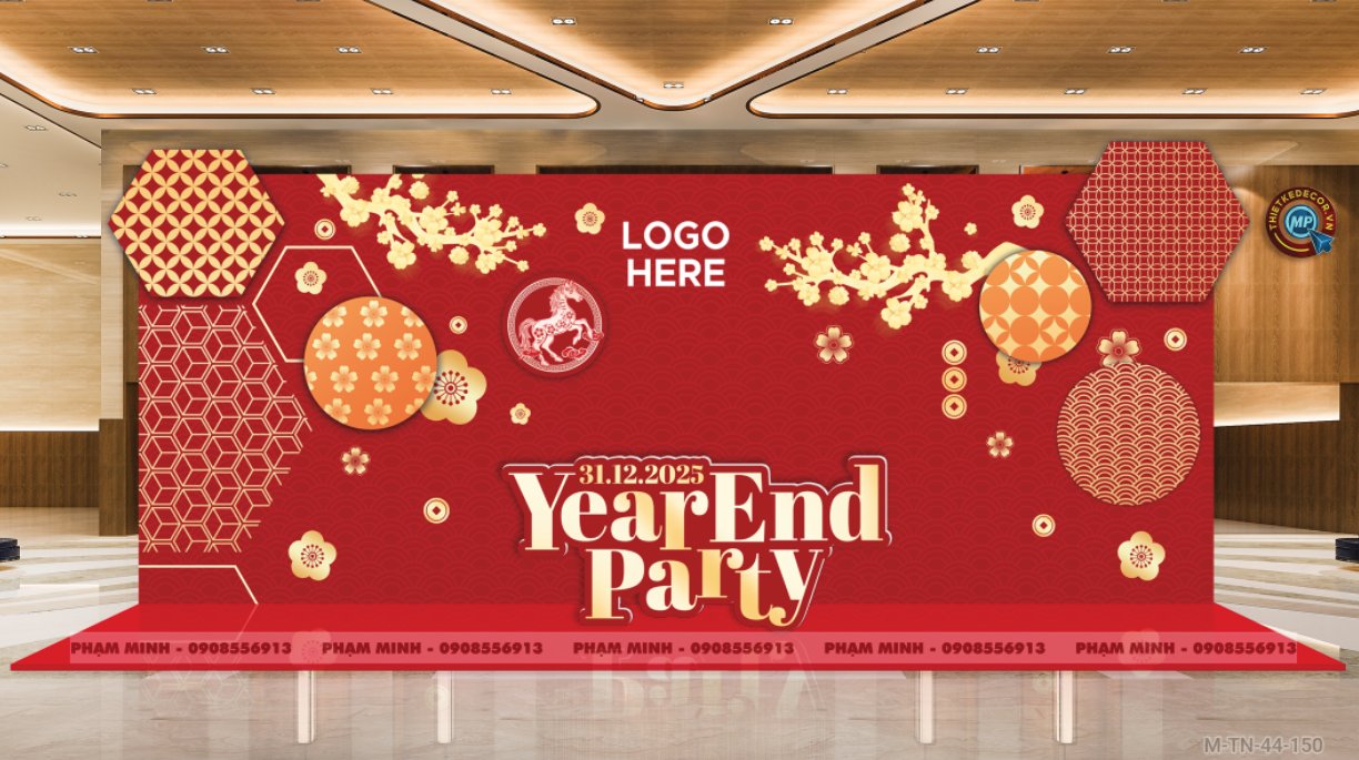 File thiết kế tiệc Tất niên 2025, Year End Party 2025 tone đỏ đen vàng luxury trang trí bong bóng căng bạt sang trọng cho công ty.