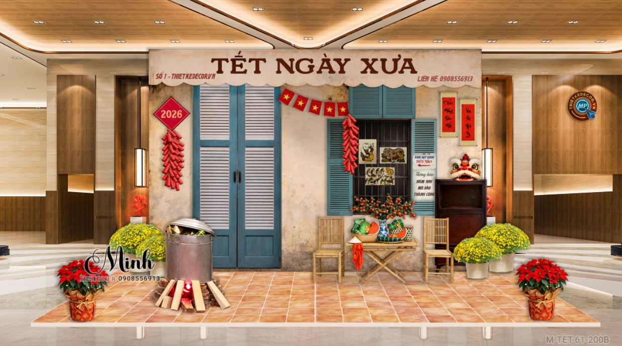 File thiết kế trang trí Tết 2026 Xuân Bính Ngọ phong cách Vintage tết xưa decor tiểu cảnh không gian chụp ảnh checkin cho Sảnh chung cư, Nhà hàng, khách sạn, trường học, quán cà phê sang trọng, đẹp mắt.