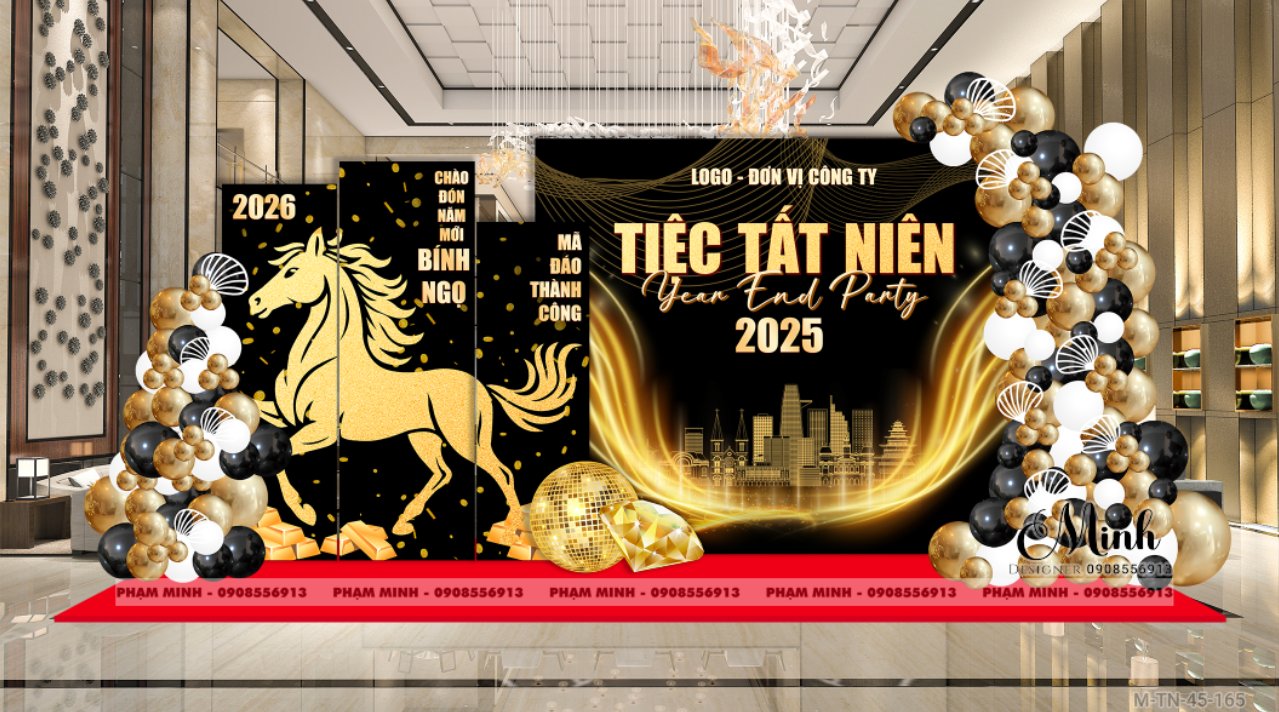 File thiết kế tiệc Tất niên 2025, Year End Party 2025 tone đen luxury trang trí bong bóng căng bạt sang trọng cho công ty.