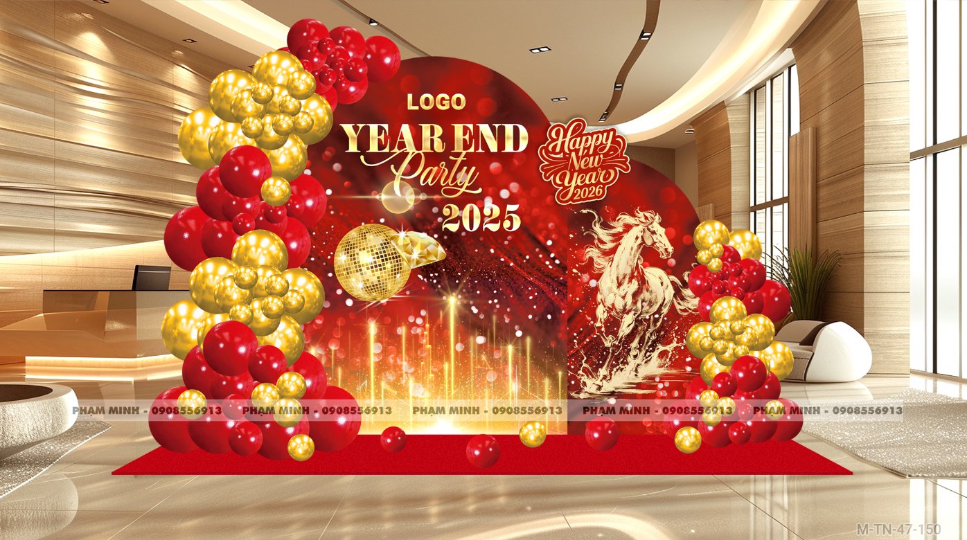 File thiết kế tiệc Tất niên 2025, Year End Party 2025 tone đỏ đen vàng luxury trang trí bong bóng căng bạt sang trọng cho công ty.