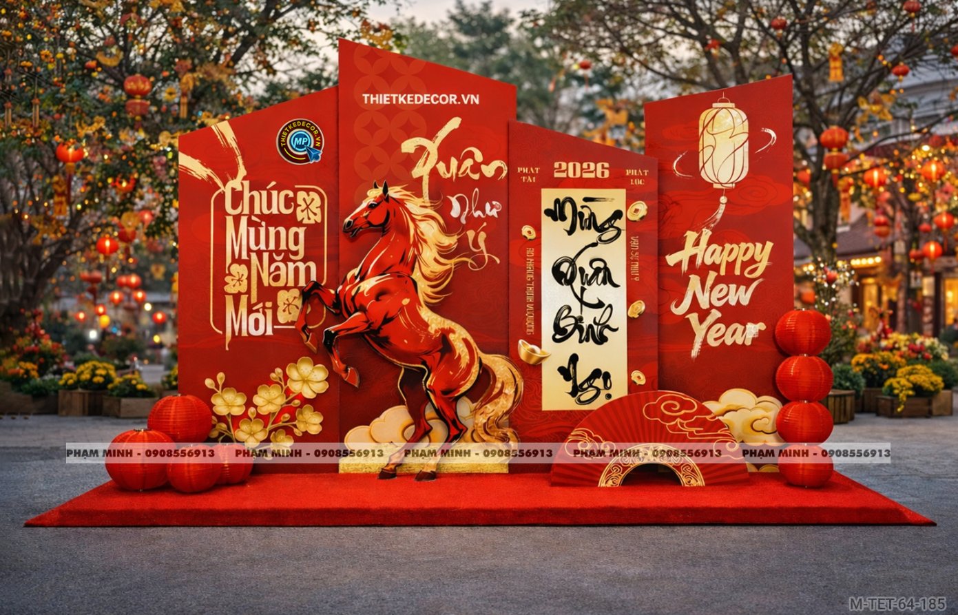 File thiết kế trang trí Tết 2026 Xuân Bính Ngọ decor tiểu cảnh không gian chụp ảnh checkin cho Sảnh chung cư, Nhà hàng, khách sạn, trường học, quán cà phê sang trọng, đẹp mắt.