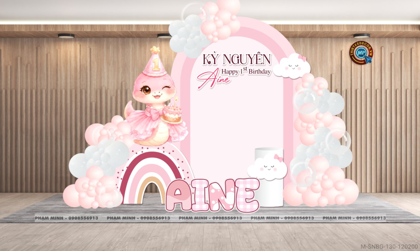 File thiết kế sinh nhật bé gái 1 tuổi rắn tỵ tone hồng decor trang trí bong bóng đáng yêu dễ thương sang trọng