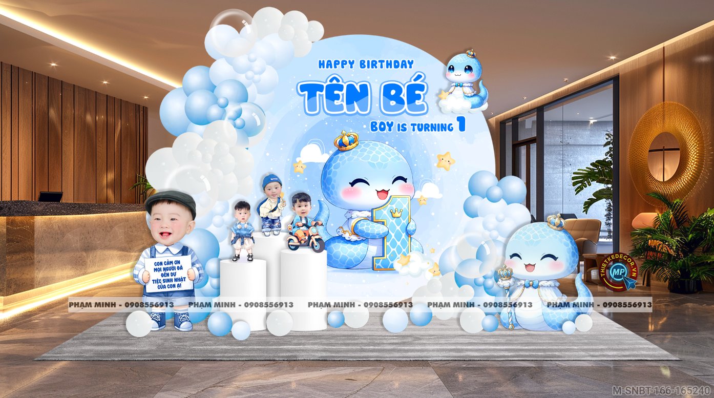 File thiết kế sinh nhật bé trai 1 tuổi rắn tỵ decor trang trí bong bóng tone xanh da trời cute dễ thương đáng yêu