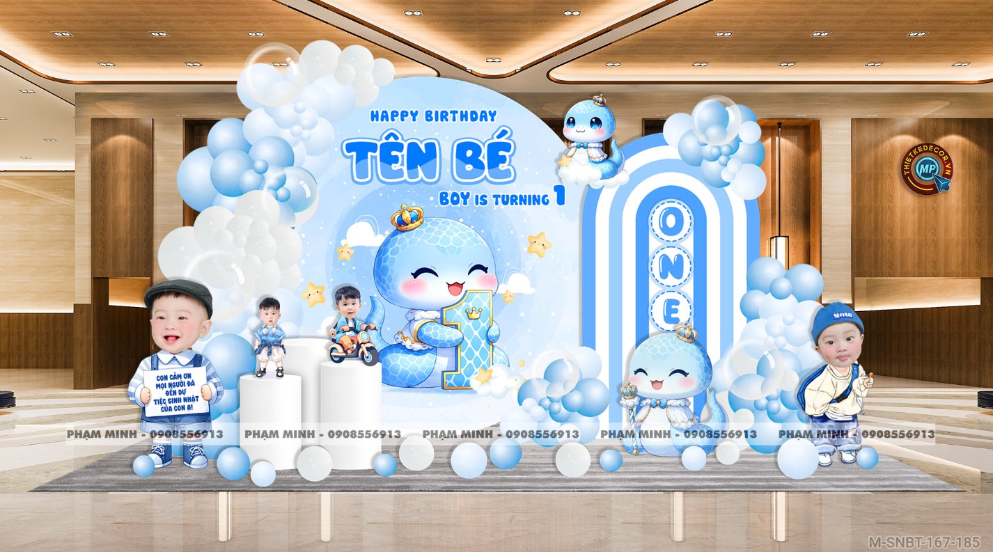 File thiết kế sinh nhật bé trai 1 tuổi rắn tỵ decor trang trí bong bóng tone xanh da trời cute dễ thương đáng yêu