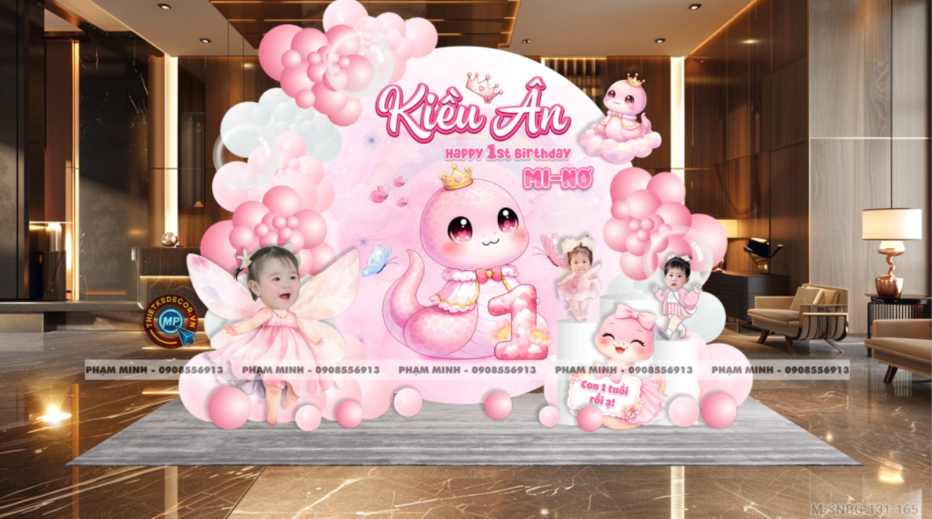 File thiết kế sinh nhật bé gái 1 tuổi rắn tỵ tone hồng decor trang trí bong bóng đáng yêu dễ thương sang trọng