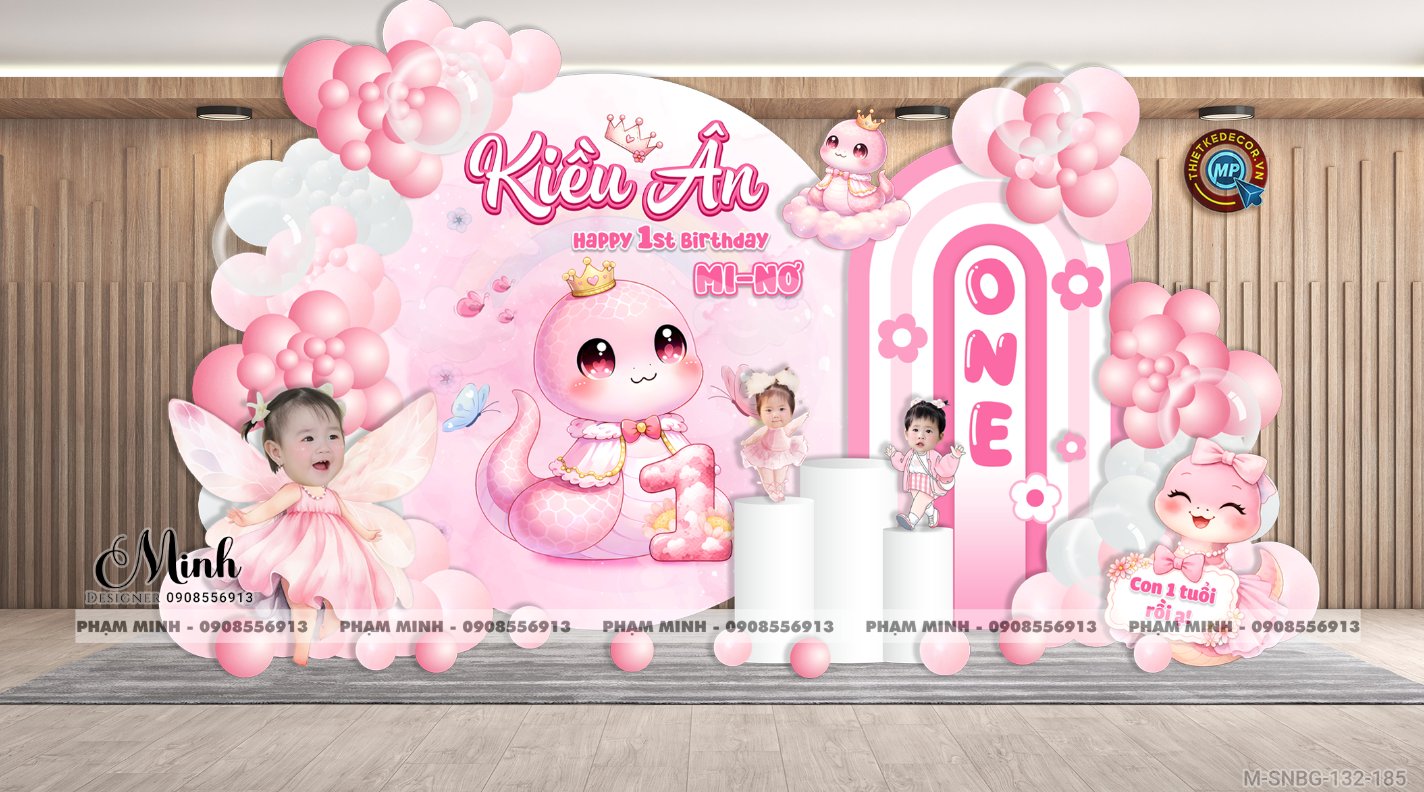 File thiết kế sinh nhật bé gái 1 tuổi rắn tỵ tone hồng decor trang trí bong bóng đáng yêu dễ thương sang trọng