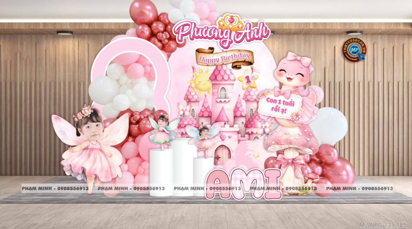 File thiết kế sinh nhật bé gái 1 tuổi rắn tỵ tone hồng decor trang trí bong bóng chủ đề công chúa lâu đài đáng yêu dễ thương sang trọng